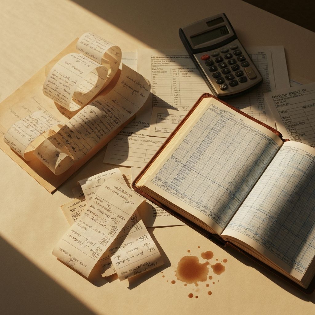 A flat lay of handwritten receipts, ledgers, and bank statements illuminated by morning light.